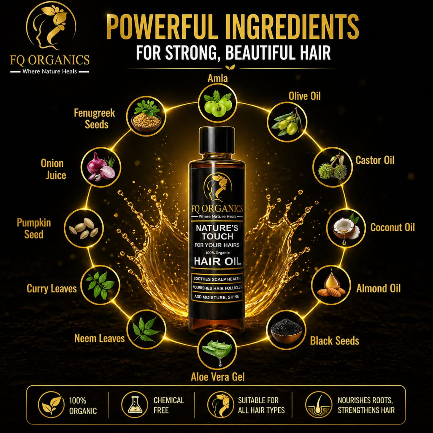 FQ Organics Hair Oil 200ml - Natures Secret for Stronger and Thicker Hair
